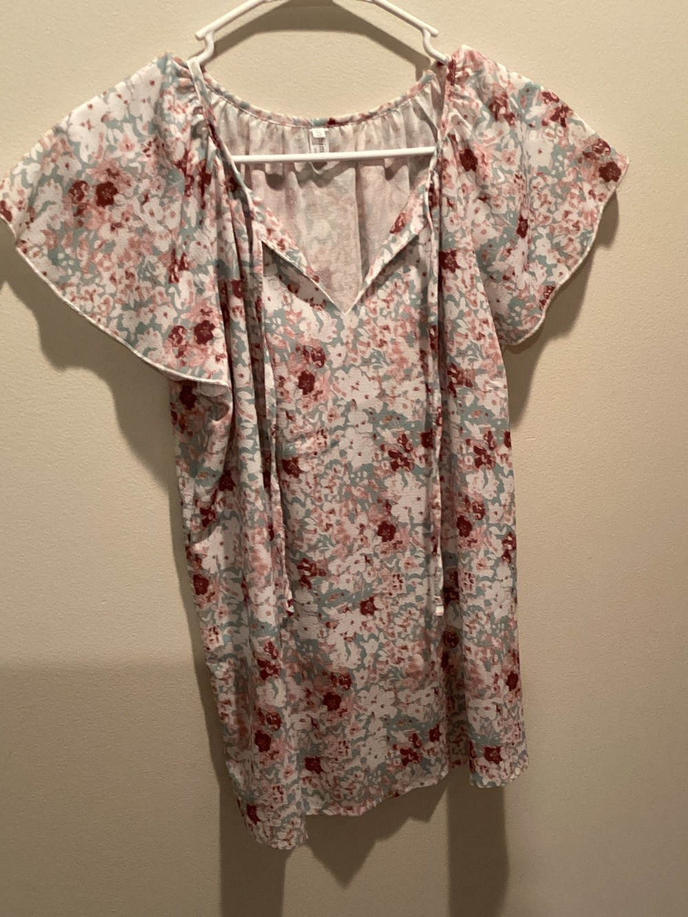 Floral V-Neck Flutter Sleeve  - Cream pink and blueish aqua Floral